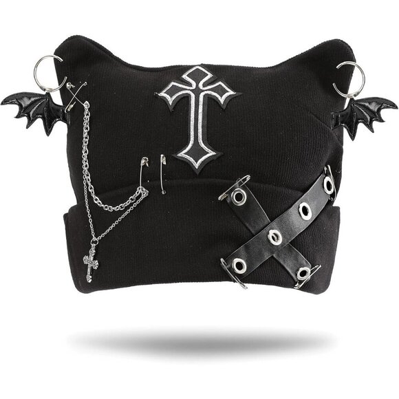 Gothic Punk Beanie Black Cat Ears Y2K Knit Cap Bat Wing Cross Chain Accessories main image 6